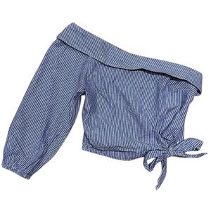 Free People Sz 4 Blouse Get Down Striped One-Shoulder Top Blue Whitw Linen New